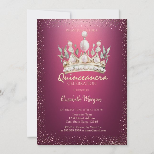 Invitación Corona de Aquarela de Confeti Chic Rojo Quinceañer (Anverso)