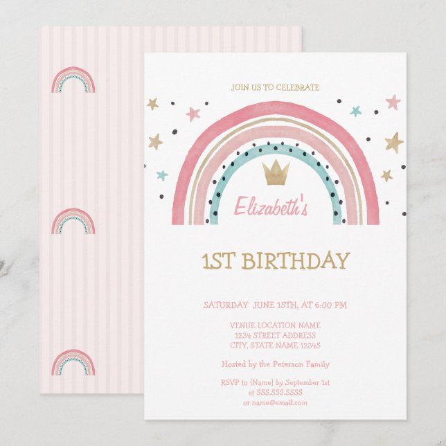 Invitación Corona de Arcoíris de Acuarela Cumpleaños Rayado (Anverso / Reverso)