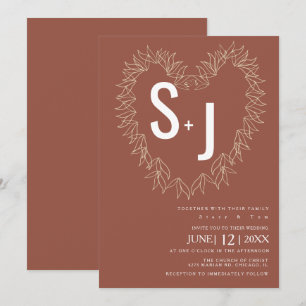 Invitación Corona de arte de línea botánica corazón boda tono