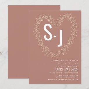 Invitación Corona de arte de línea botánica corazón boda tono