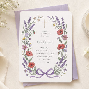 Invitación Corona de bautizo floral de lavanda elegante