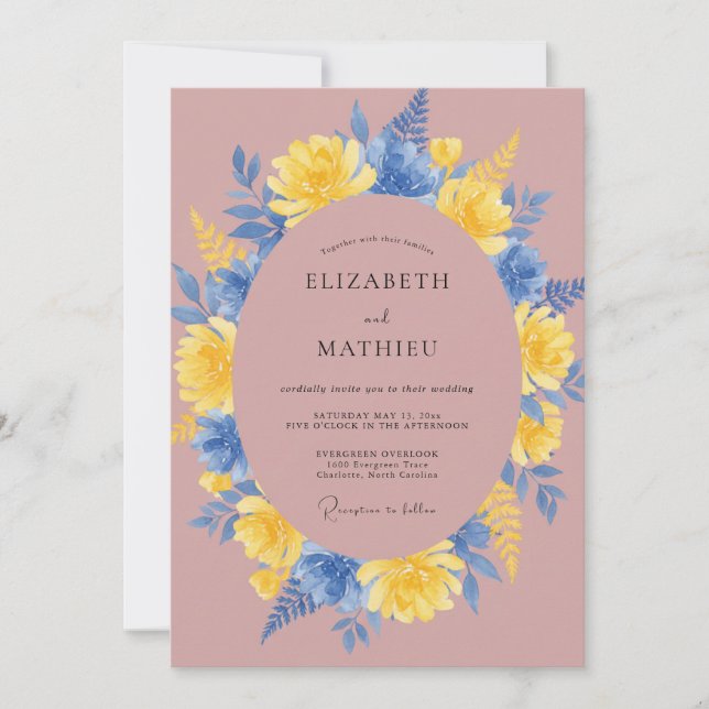 Invitación Corona de boda amarilla de flor de aciano malva (Anverso)