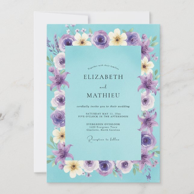 Invitación Corona de boda Amethyst Aqua (Anverso)