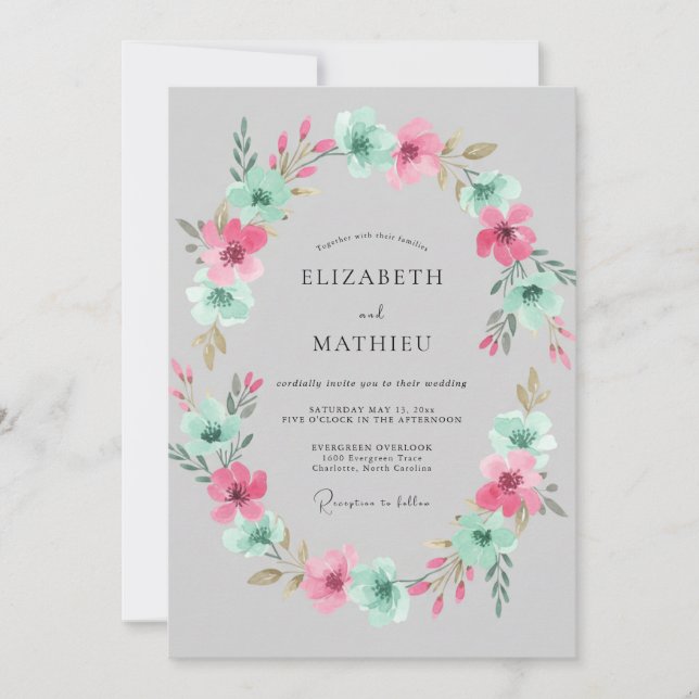 Invitación Corona de boda Aqua Rosa (Anverso)