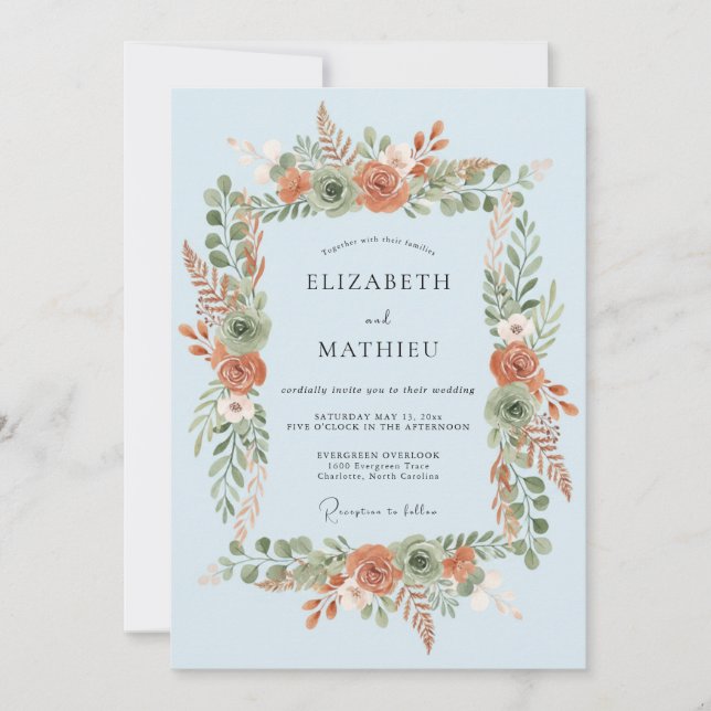 Invitación Corona de boda botánica azul cielo (Anverso)