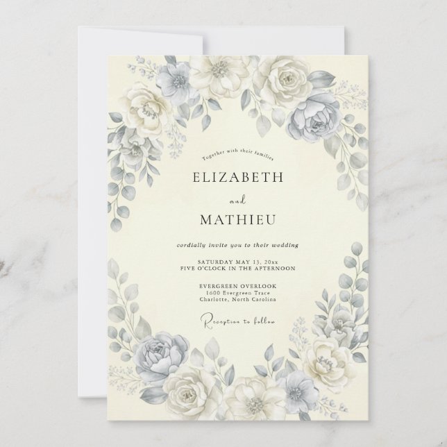Invitación Corona de boda botánica azul polvo (Anverso)