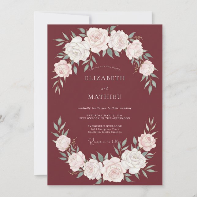 Invitación Corona de Boda con Follaje de Vino (Anverso)