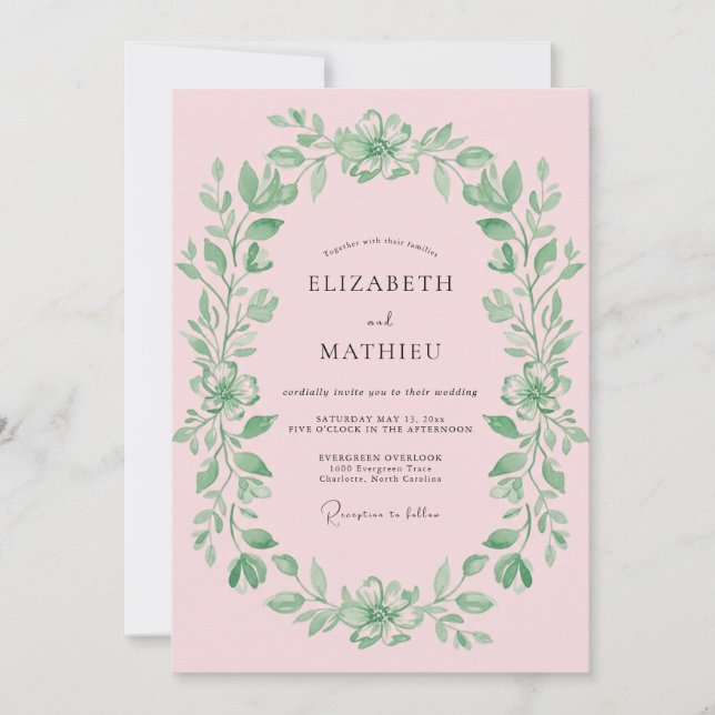 Invitación Corona de Boda con Follaje Rosado (Anverso)
