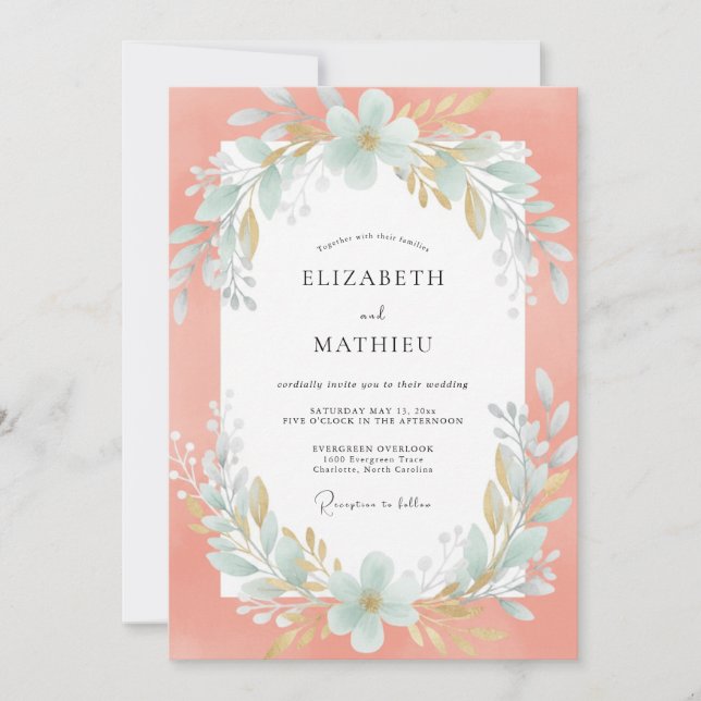 Invitación Corona de boda Coral Aqua (Anverso)