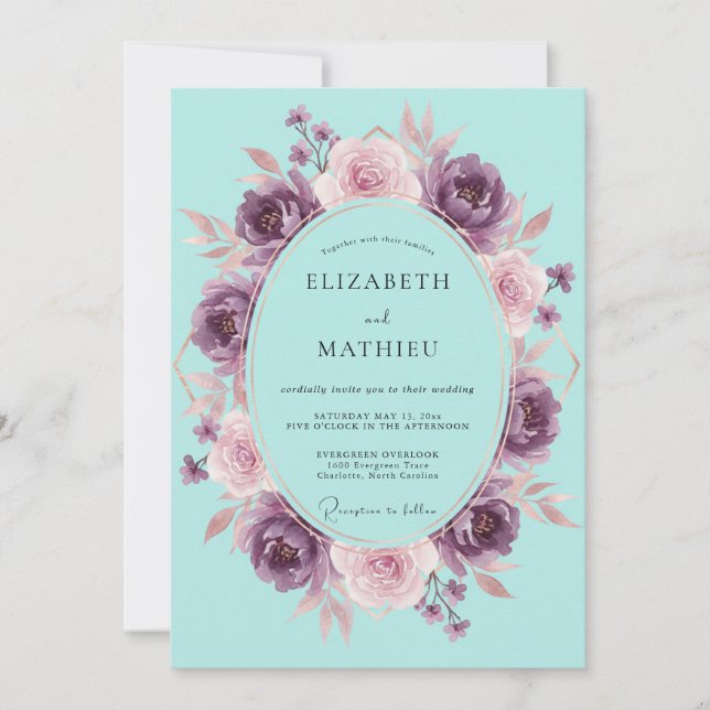 Invitación Corona de boda Cyan Mauve (Anverso)