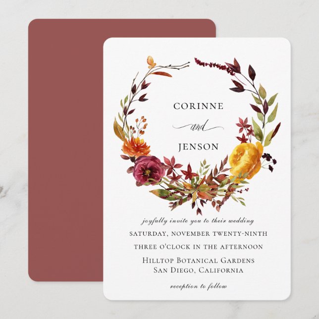 Invitación Corona de boda de acuarela otoñal rústica (Anverso / Reverso)