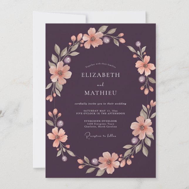 Invitación Corona de boda de albaricoque ciruela (Anverso)