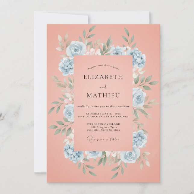 Invitación Corona de boda de coral y vincapervinca (Anverso)