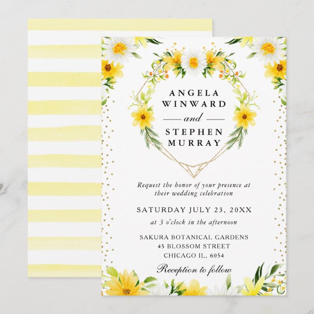 Invitación Corona de boda de corazones con margaritas y flore (Anverso / Reverso)