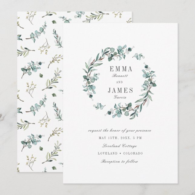 Invitación Corona de boda de eucalipto con acuarela elegante (Anverso / Reverso)