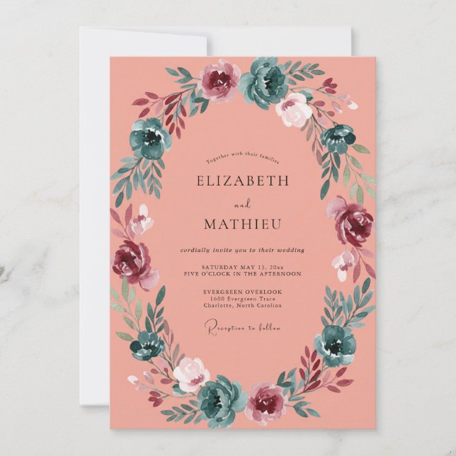Invitación Corona de Boda de Frutas Coral (Anverso)