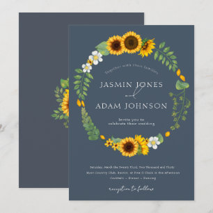 Invitación Corona de boda de girasoles boho pizarra azul