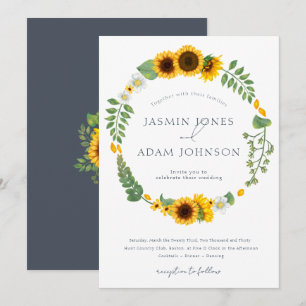Invitación Corona de boda de girasoles boho pizarra azul