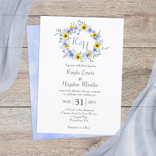 Invitación Corona de boda de girasoles rosas azul polvoriento