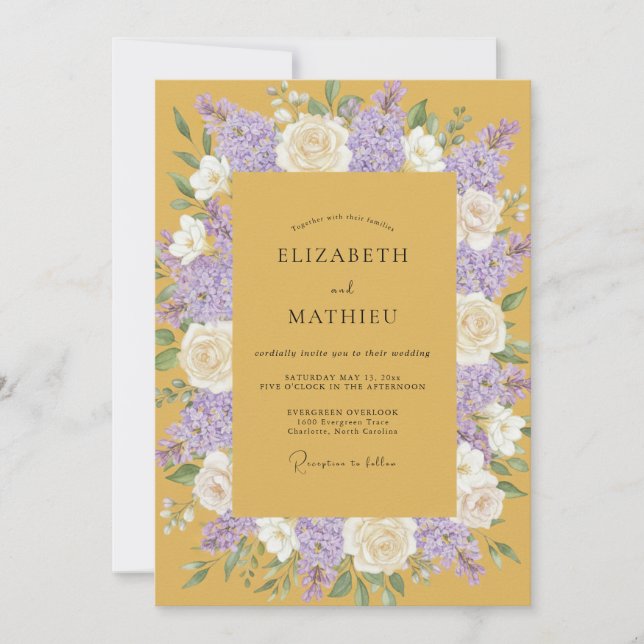 Invitación Corona de boda de lavanda mostaza (Anverso)