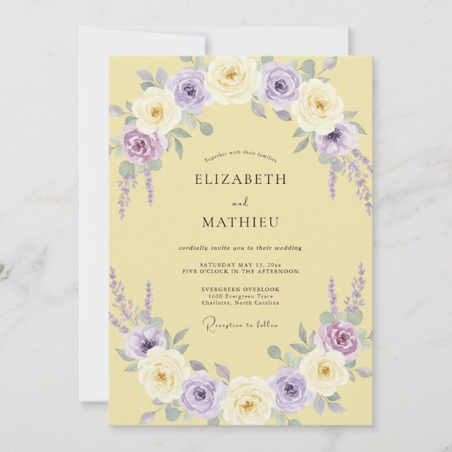 Invitación Corona de boda de lila amarillo mantequilla (Anverso)