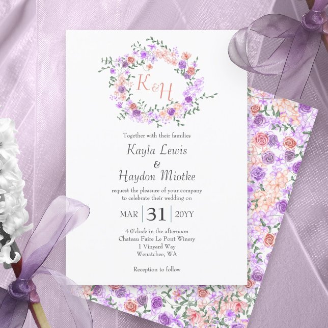 Invitación Corona de boda de Lila y Rosa Melocotón (Lilac purple and peach rose wreath, botanical rose garden wedding invitations, round roses vine)