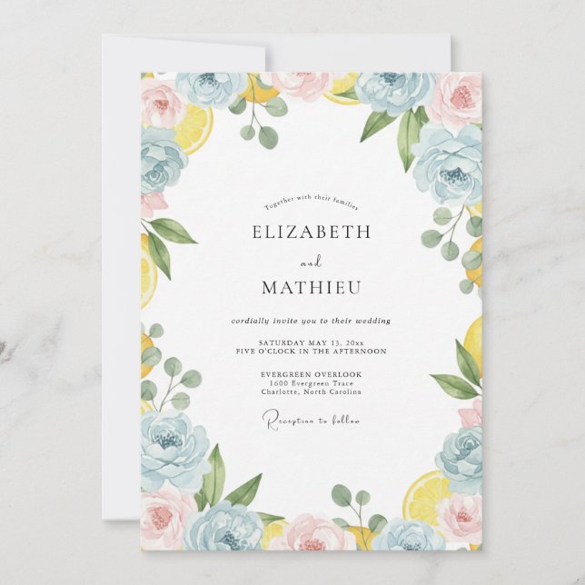 Invitación Corona de boda de limón y aciano tropical (Anverso)