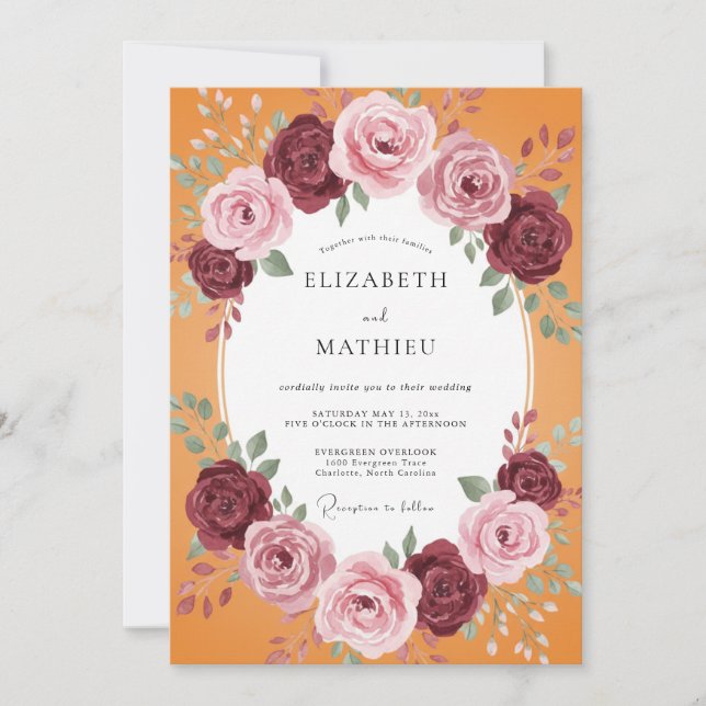 Invitación Corona de boda de Marigold Borgoña (Anverso)