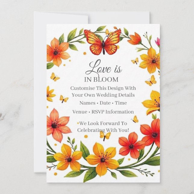 Invitación Corona de boda de mariposas florales con texto per (Reverso)