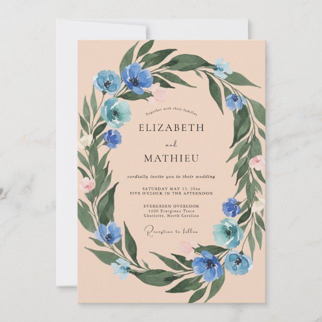 Invitación Corona de boda de melocotón cálido de aciano (Anverso)