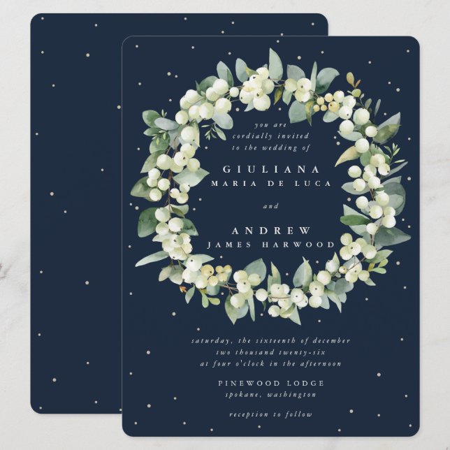 Invitación Corona de boda de nieve grande navy + eucalipto (Anverso / Reverso)