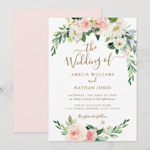 Invitación Corona de boda de oro con rubor floral