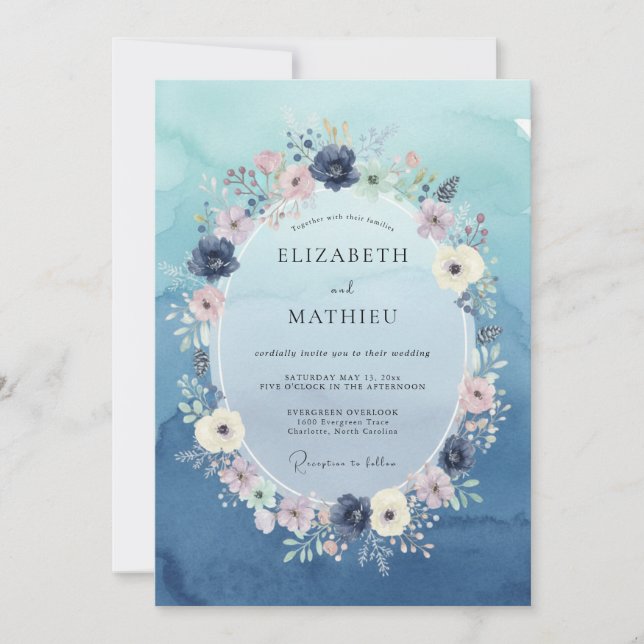 Invitación Corona de boda de pervinca índigo (Anverso)