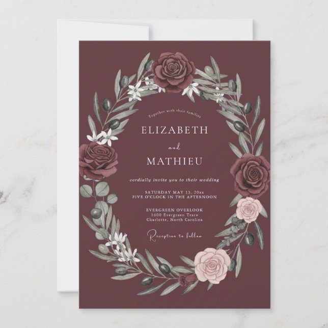 Invitación Corona de boda de romance Burgundy Bloom (Anverso)