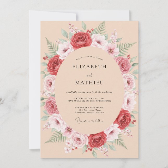 Invitación Corona de boda de rosa carmesí (Anverso)