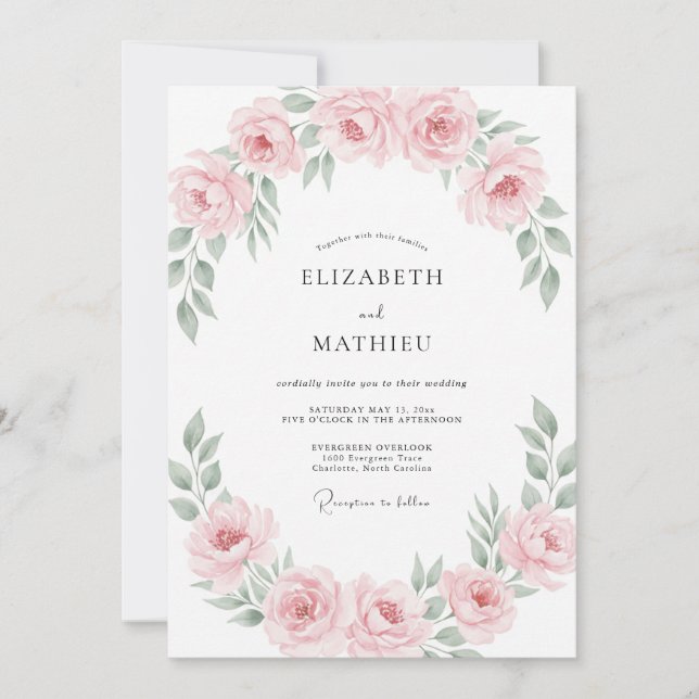Invitación Corona de boda de rosa suave polvorienta (Anverso)