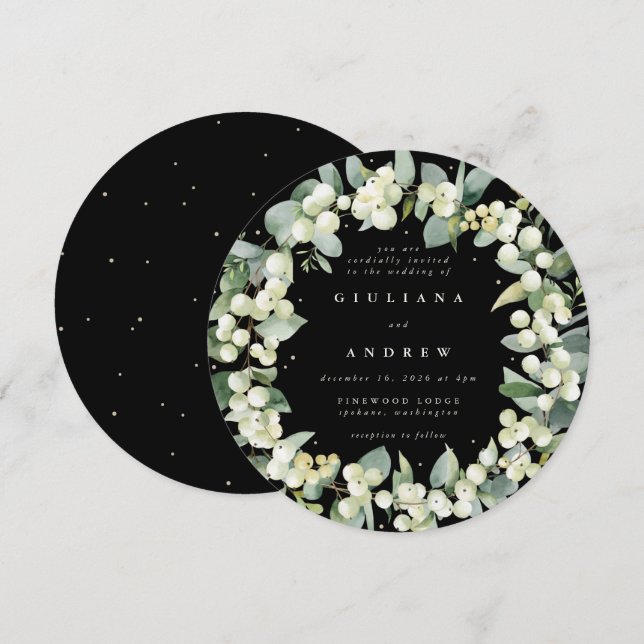 Invitación Corona de boda de Snowberry negro redondo + Eucali (Anverso / Reverso)