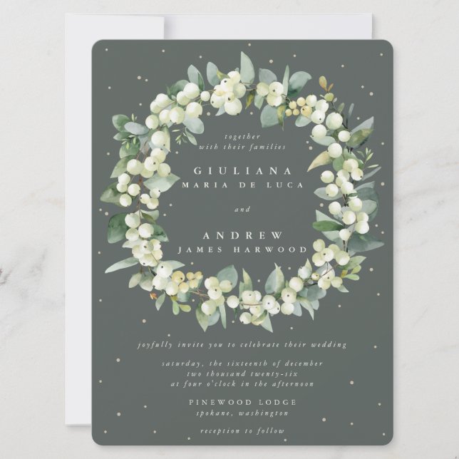 Invitación Corona de boda de Snowberry verde grande + Eucalip (Anverso)