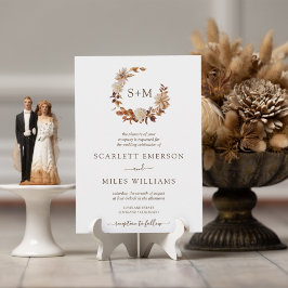 Invitación Corona de boda de terracota con monograma de otoño