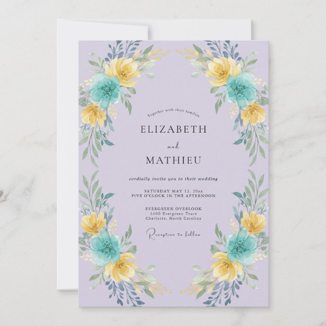 Invitación Corona de boda de turquesa amarillo lila (Anverso)