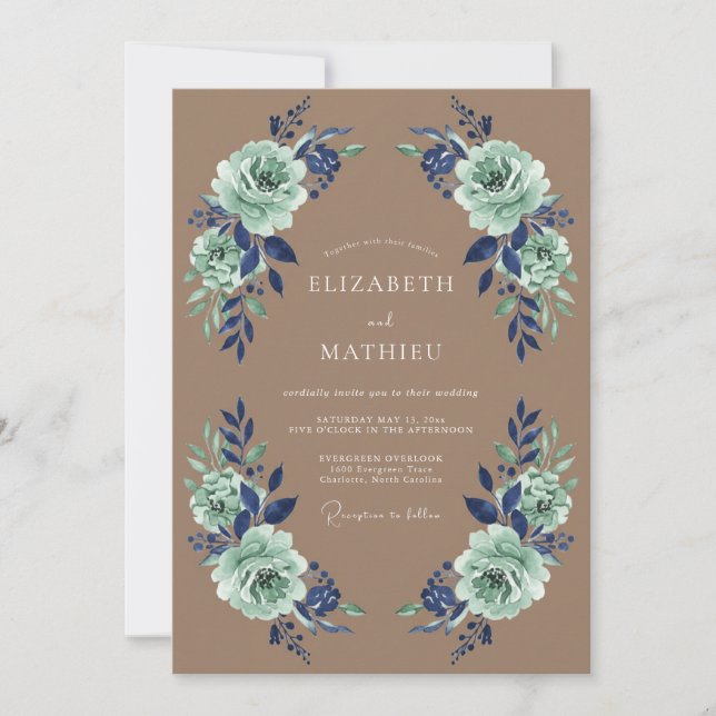 Invitación Corona de Boda Floral Azul Menta (Anverso)