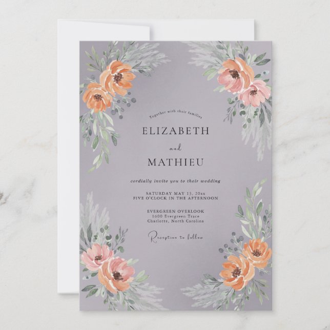 Invitación Corona de boda floral de melocotón gris (Anverso)