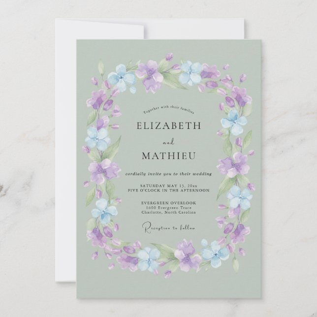 Invitación Corona de boda floral pastel de lavanda (Anverso)