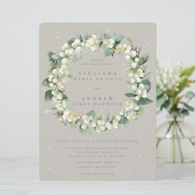 Invitación Corona de boda grande greige de snowberry + eucali (Anverso de pie)