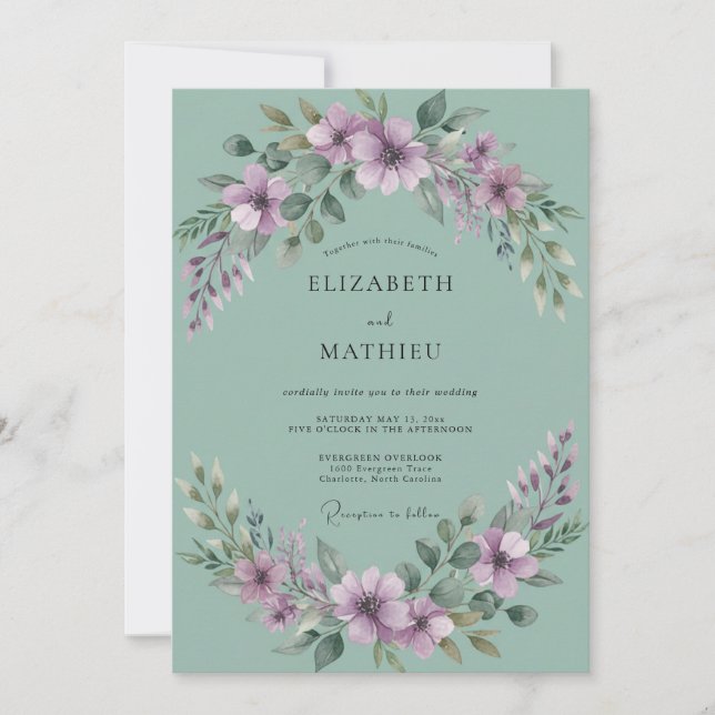 Invitación Corona de boda Lavanda Espuma de Mar (Anverso)