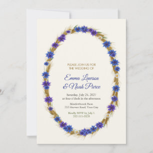 Invitación Corona de boda ovalada de aciano y trigo dorado