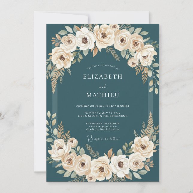Invitación Corona de boda Petrol Rose (Anverso)