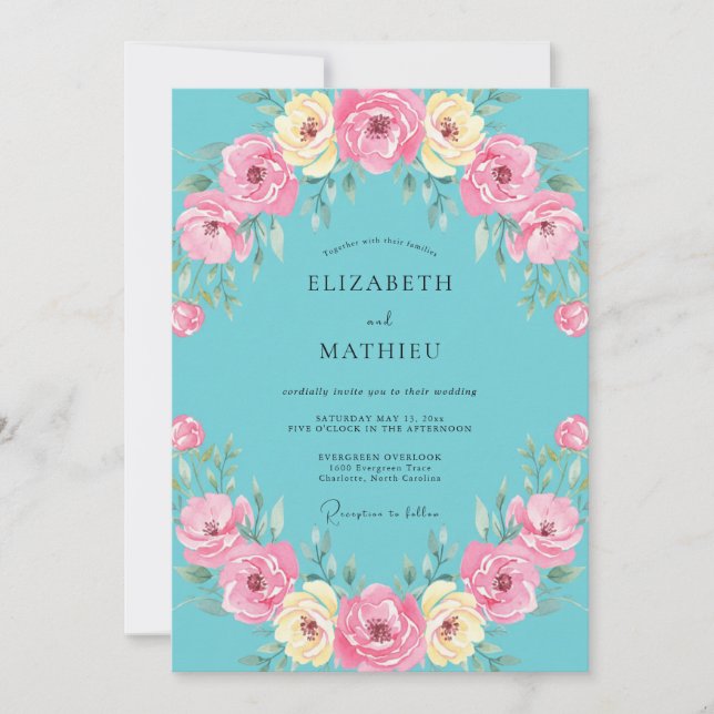 Invitación Corona de boda polvorienta rosa Aqua (Anverso)