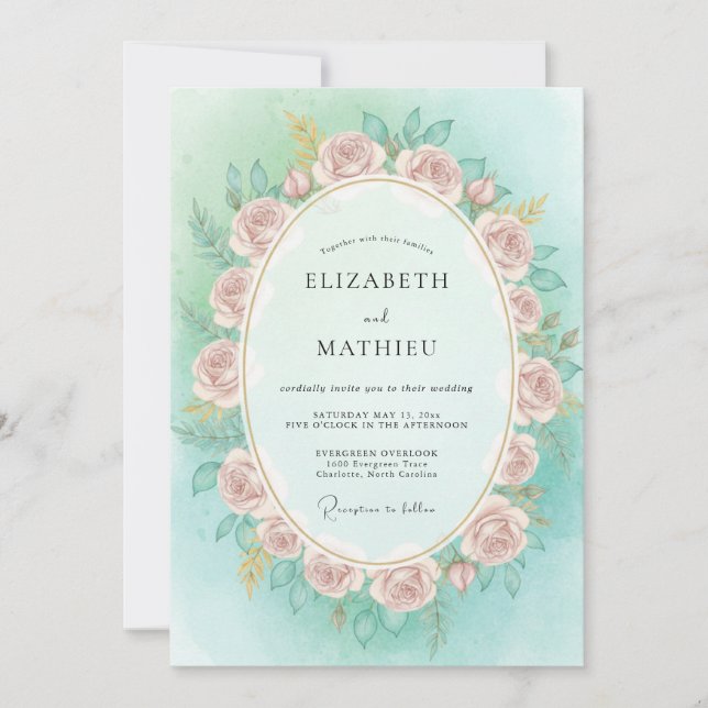 Invitación Corona de boda polvorienta rosa menta (Anverso)