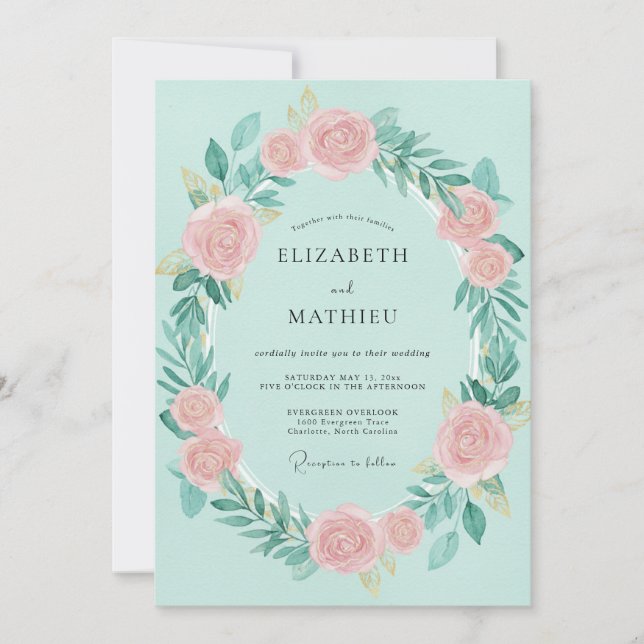 Invitación Corona de boda rosa espuma de mar (Anverso)